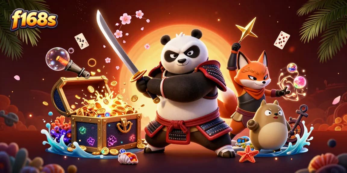 Engage in thrilling action with f168s as a samurai panda battles alongside a ninja fox amidst treasure.