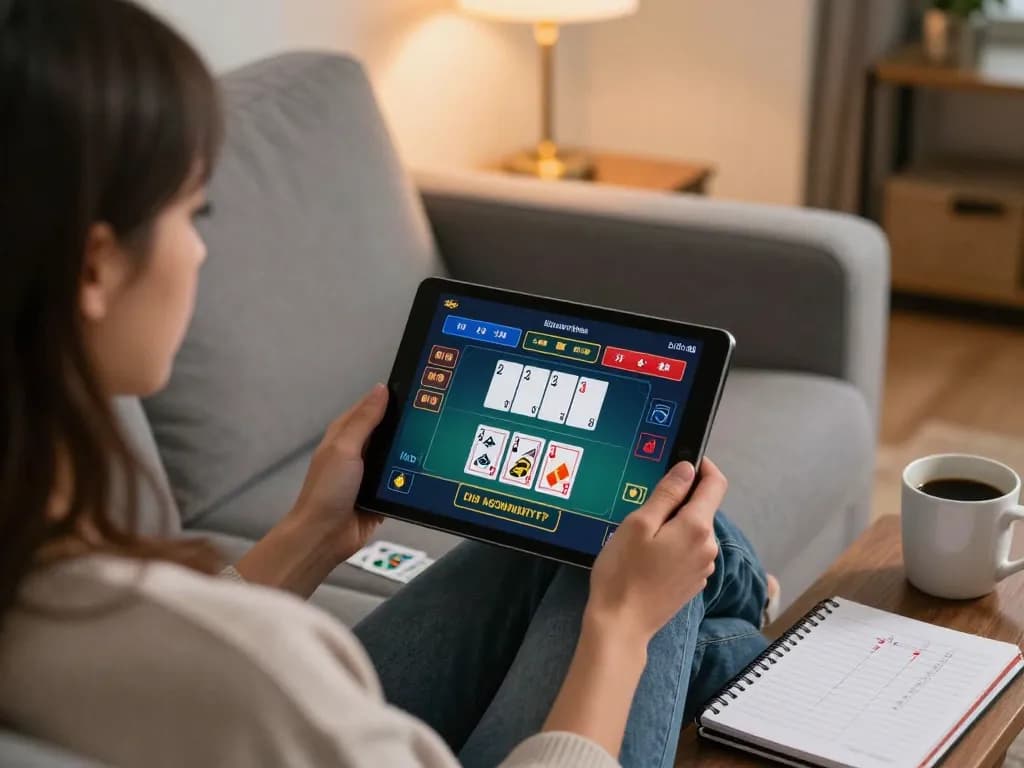 Playing blackjack with alo8 app on a tablet in a cozy home setting.