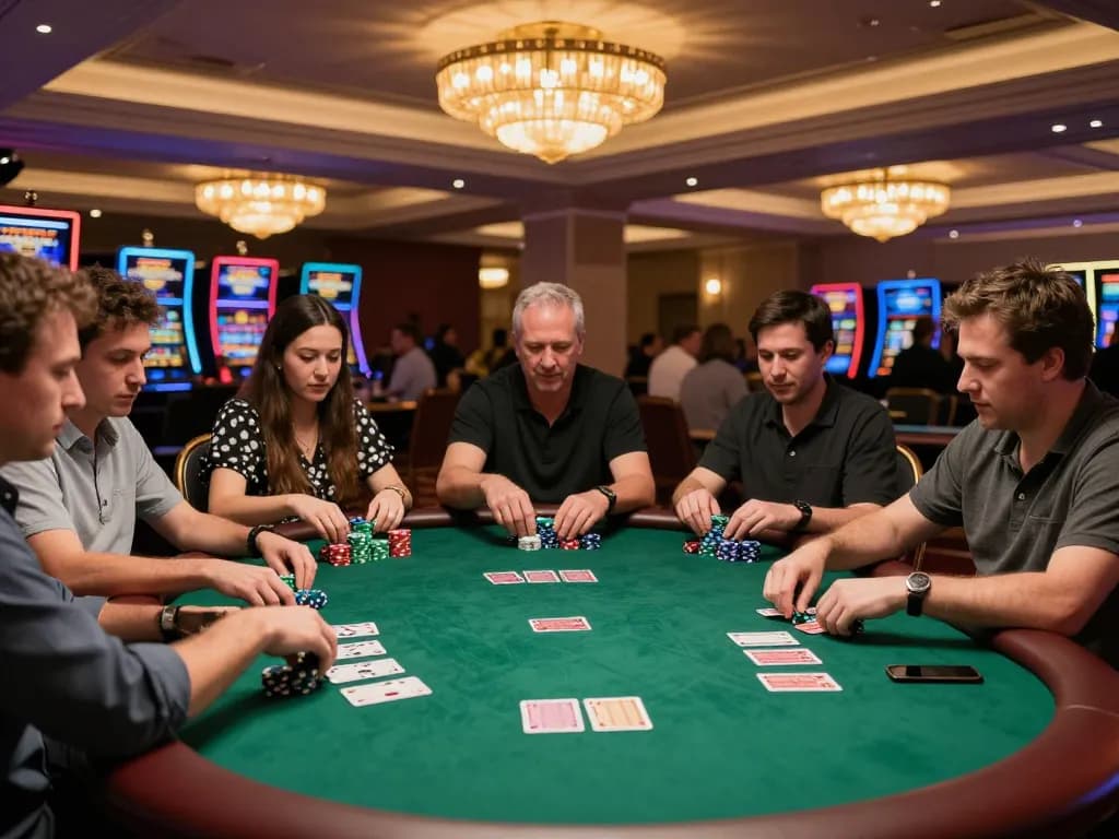 Tg88 players engage in an intense poker game, chips and cards visible on the table amidst a luxurious casino atmosphere.