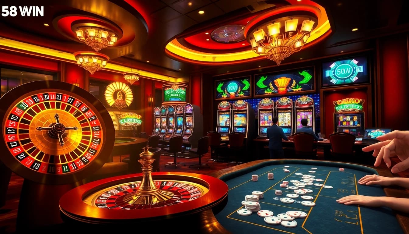 Experience the excitement of 58WIN with vibrant casino elements and gaming action scenes.