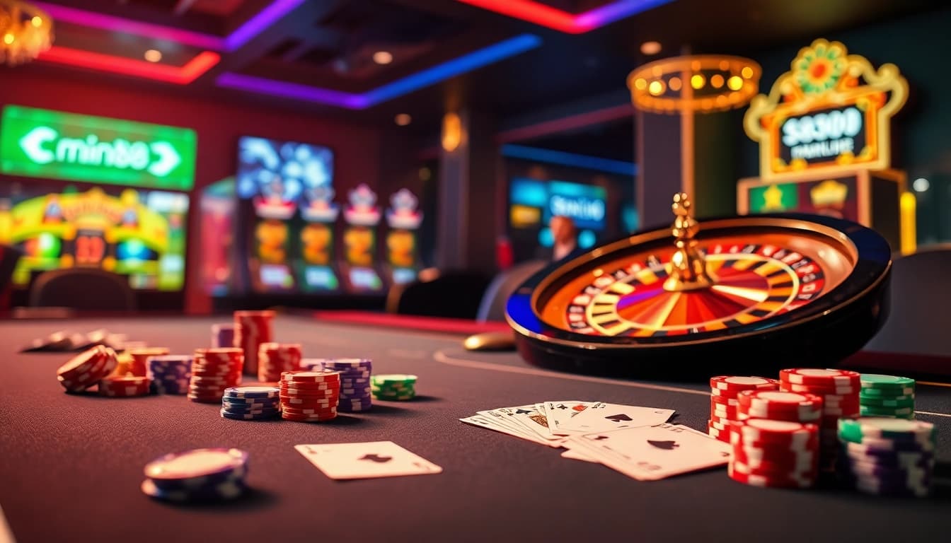 Mint88 casino gaming scene featuring poker chips, cards, and a spinning roulette wheel.