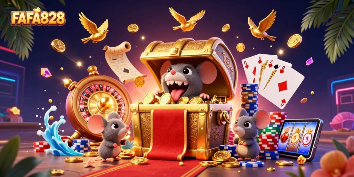 Engage with FAFA828's vibrant casino adventure featuring treasure chests and golden riches.
