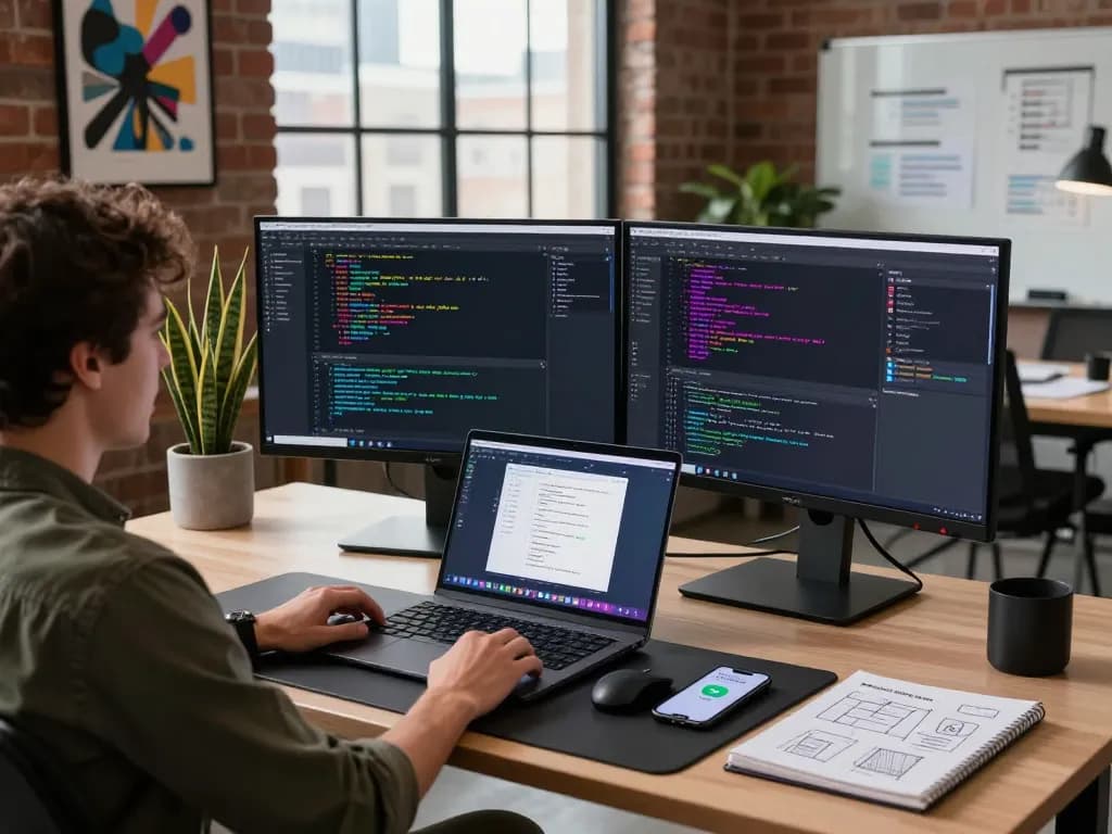 Developer using moltbot as a personal AI assistant in a modern workspace with dual monitors and collaborative environment.