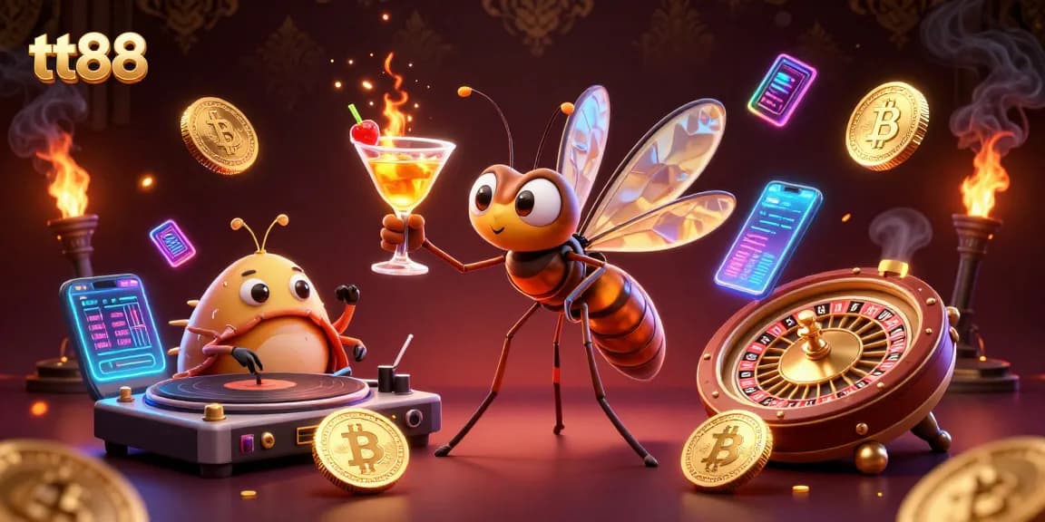 Engage with tt88 through vibrant casino-themed illustration featuring a mosquito mascot and trilobite DJ.