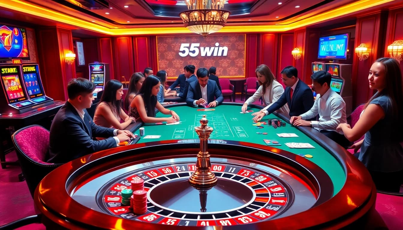 Exciting casino gameplay at 555win with vibrant tables, chips, and a roulette wheel.