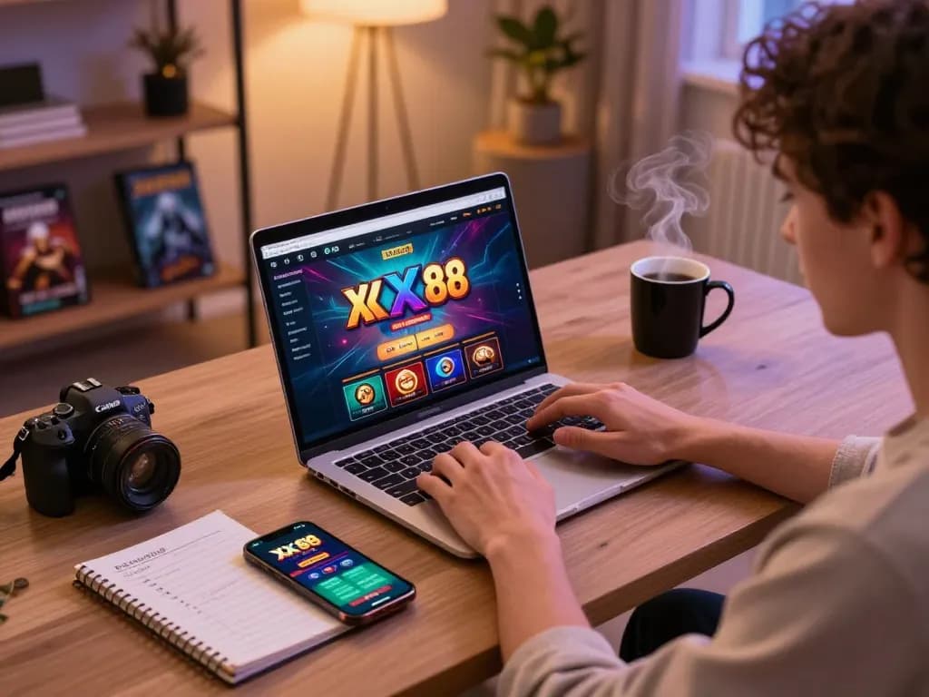 Engaged user exploring the XX88 online casino platform on a stylish laptop, showcasing vibrant gameplay.