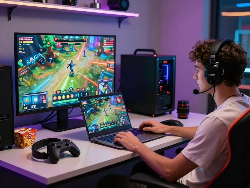 Engaging online gambling session with rikvip gameplay on a laptop in a vibrant gaming room.