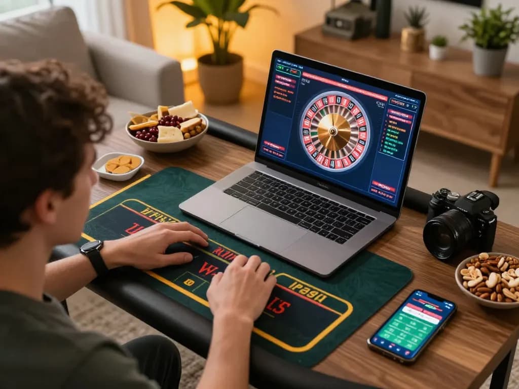 X88 player engaged in exciting live dealer game on laptop with ambient home lighting