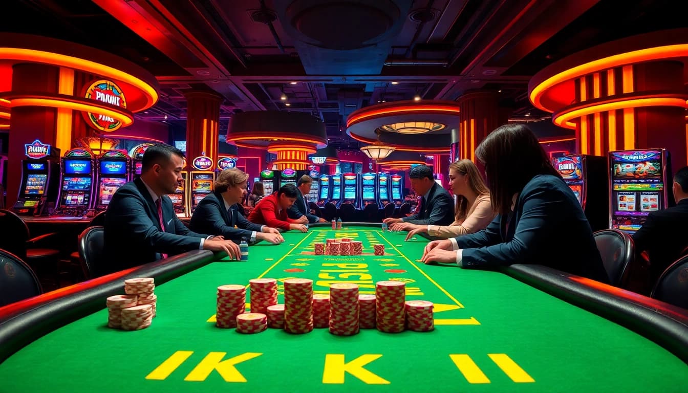 Players enjoying a thrilling game at the KK55 casino table with vibrant atmosphere.