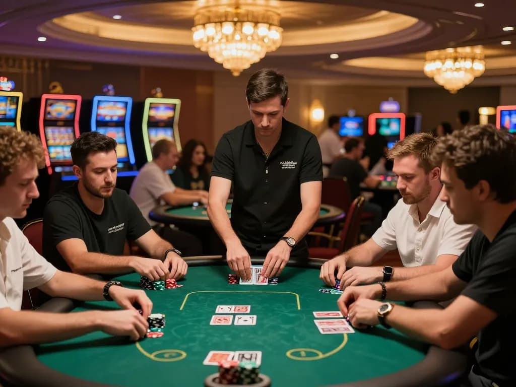 Players strategizing in a high-stakes poker game at New88's upscale casino.