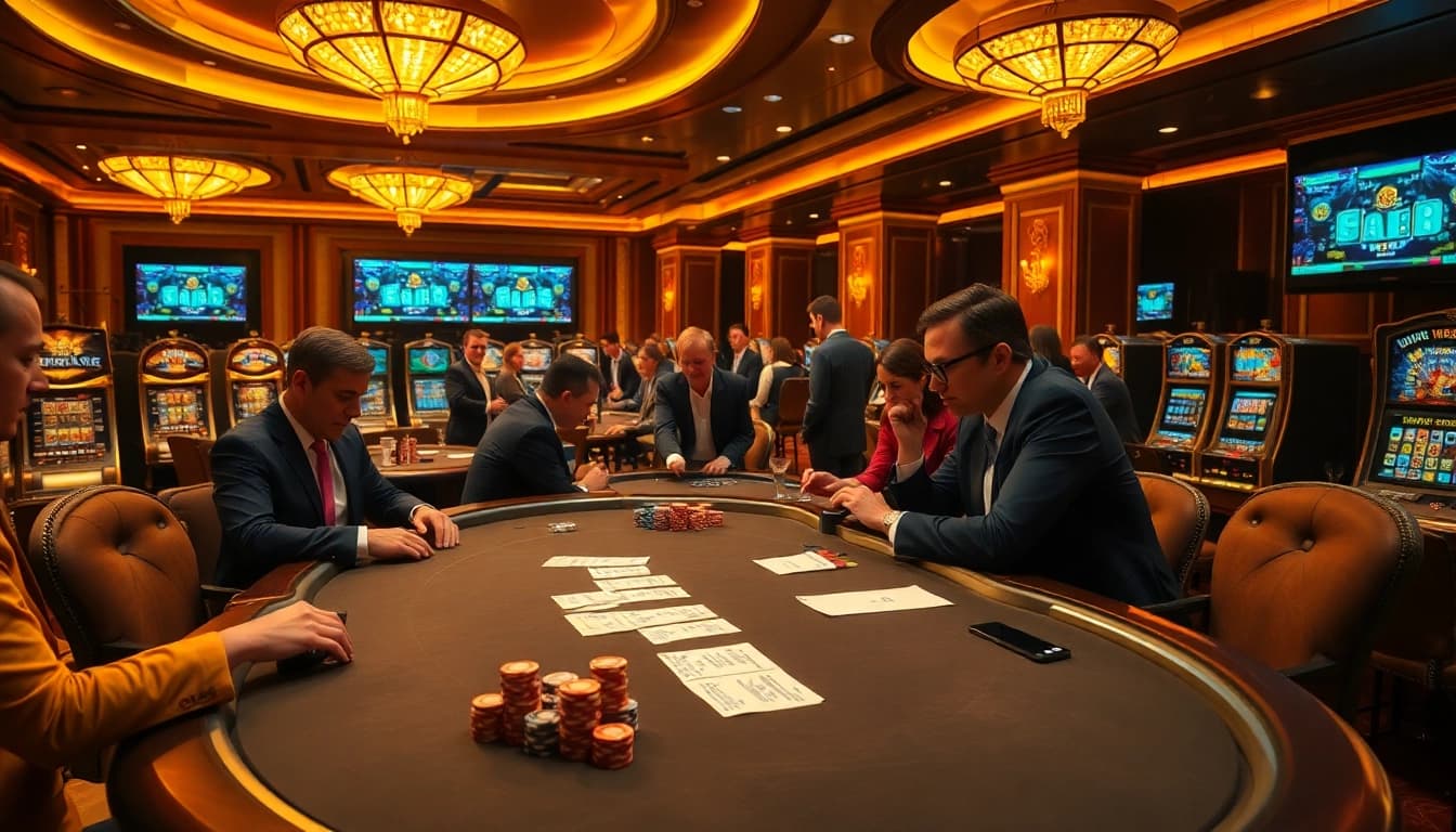 Native gamblers playing poker and betting on luongsontv with vibrant casino elements.