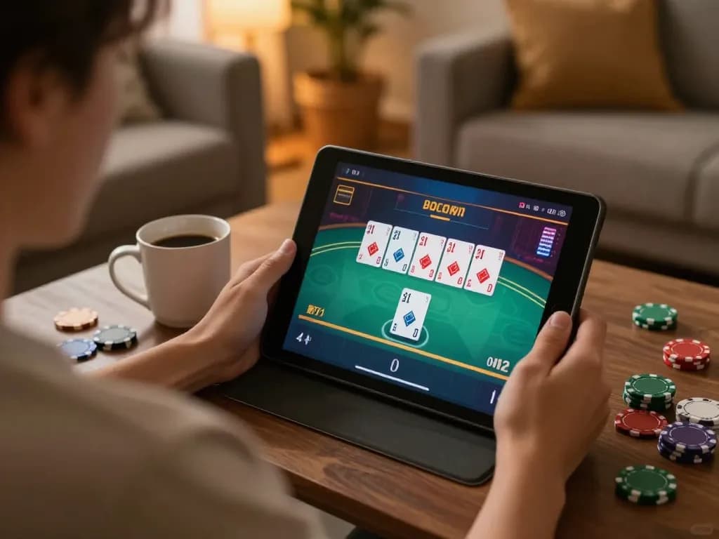 Player enjoying a poker game on 58wiin app in a cozy home setting with warm lighting.