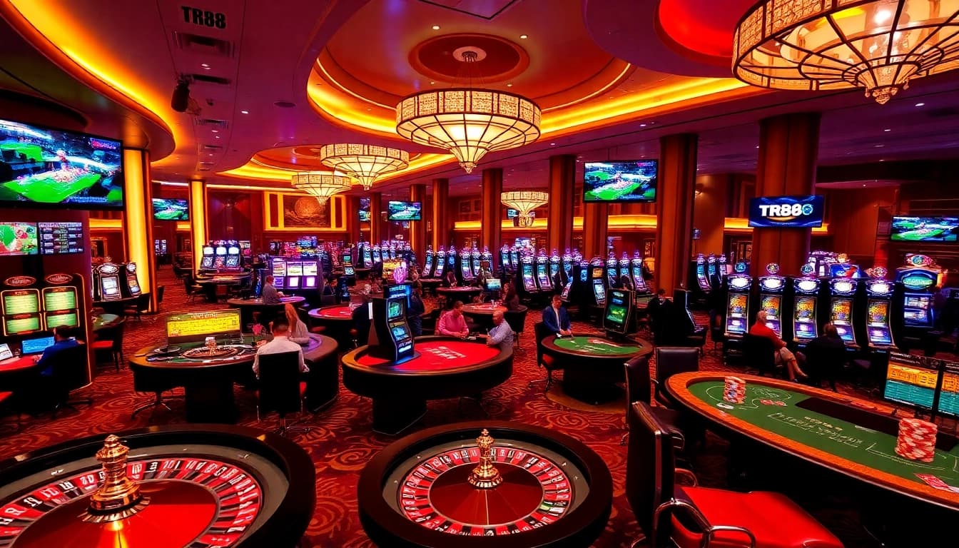 Players enjoying thrilling casino games at TR88, featuring roulette, poker, and slot machines in a vibrant atmosphere.