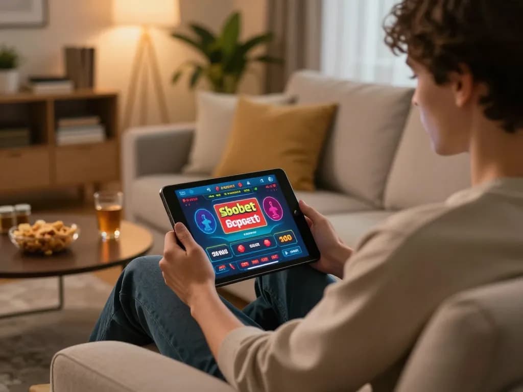 Person enjoying sbobet online gaming on a tablet in a cozy home setting