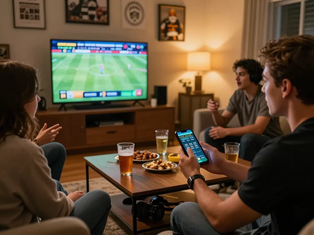 Engaged friends placing sbobet bets in a lively home sports betting environment with live games on screen