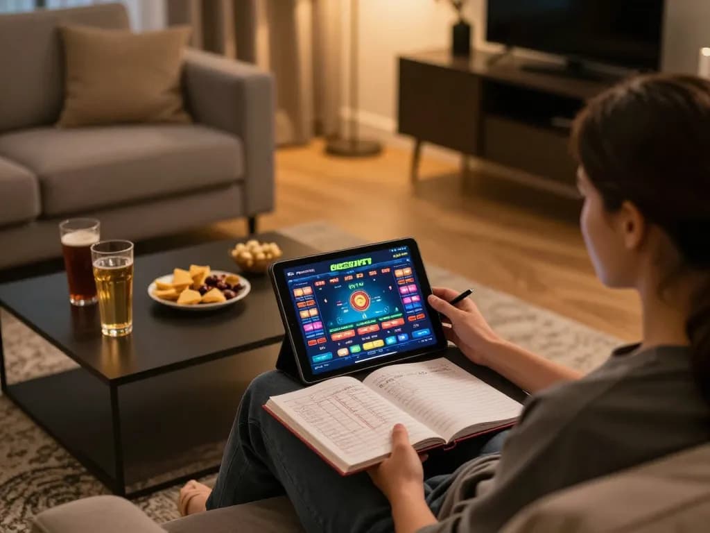 Engaging in online gaming at home, showing an 86bet tablet setup with strategic notes and snacks.