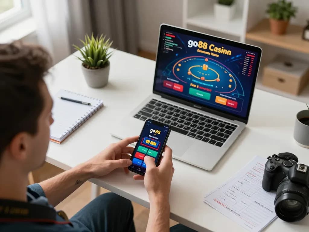 Engaging with go88 casino app while strategizing on a home desk setup during online gaming