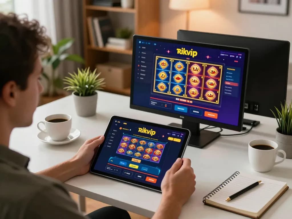 Person enjoying rikvip online gaming on tablet with strategy notes and cozy atmosphere