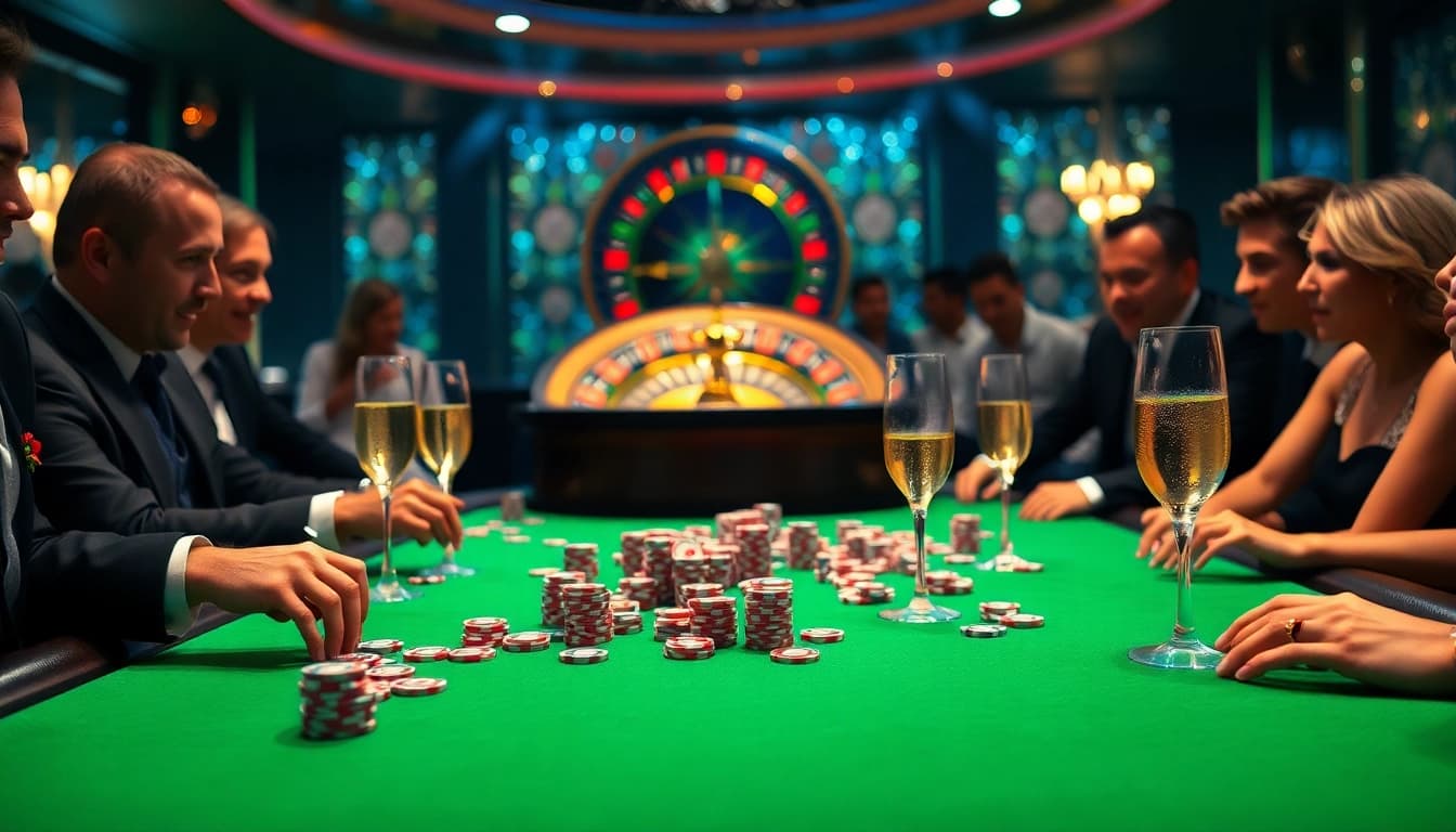 Join the hit club and play poker in a luxurious casino with vibrant chips and thrilling atmosphere.