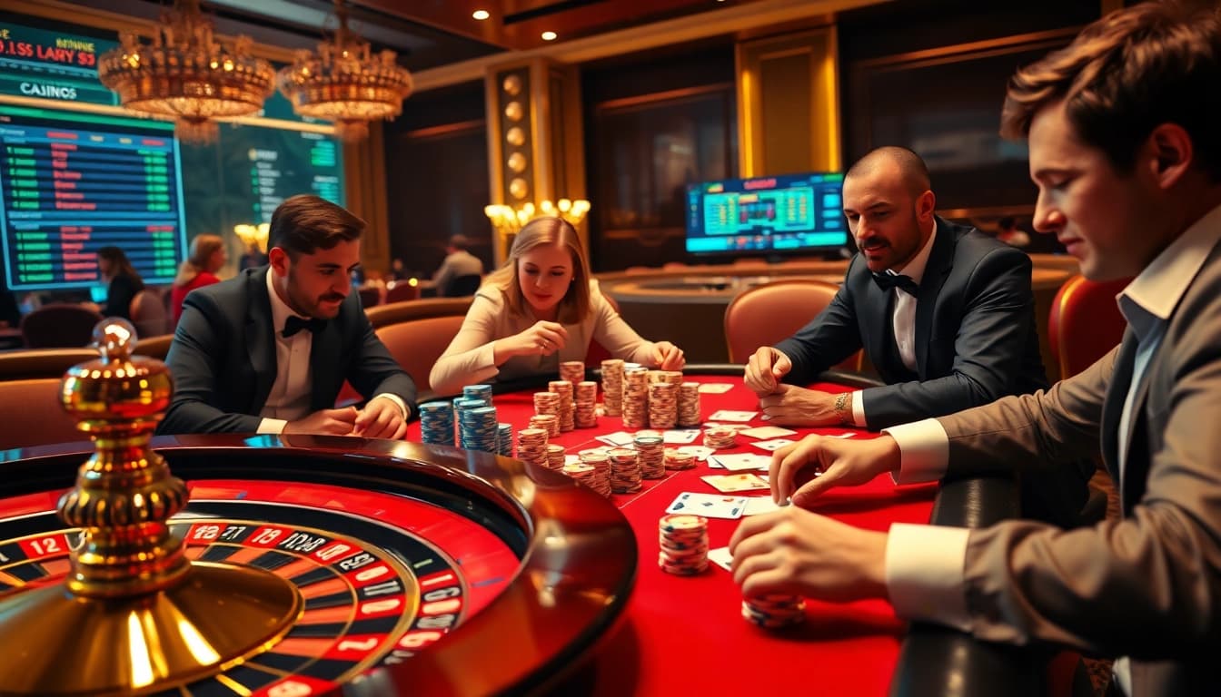 Engaged players enjoying a thrilling debet gambling experience at a luxurious casino table.
