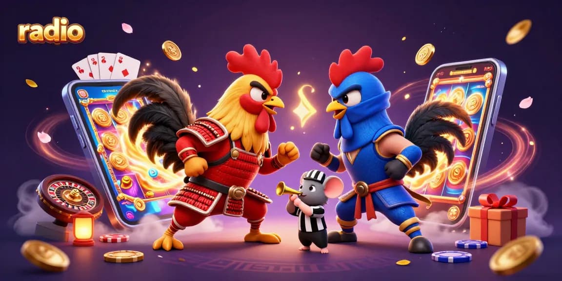 Engage with the captivating radio-themed illustration of twin fighting roosters in a dynamic casino setting.