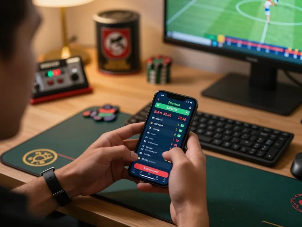 Person placing bets on a smartphone while experiencing online gambling with trusted nhà cái uy tín, in a cozy home environment.