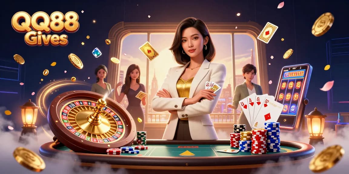 Experience QQ88 Gives with an elegant Asian woman showcasing winning cards in a vibrant casino setting.