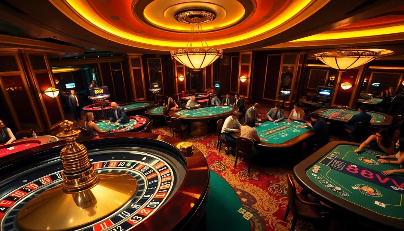 Experience thrilling gameplay at 88vv with luxurious gambling tables and vibrant casino atmosphere.