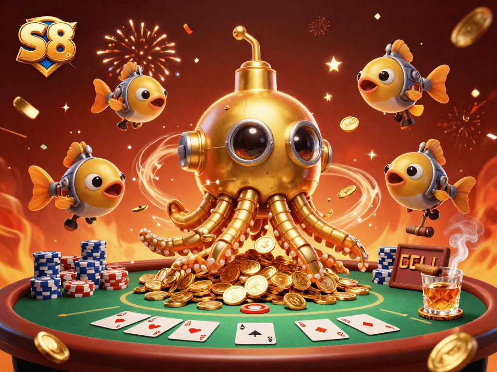 S8 captivates gamblers with a golden kraken submarine emerging through shiny coins in a vibrant casino scene.