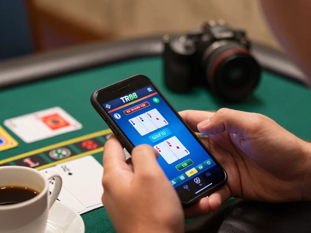Player focused on TR88 blackjack interface on smartphone, showcasing strategic gameplay