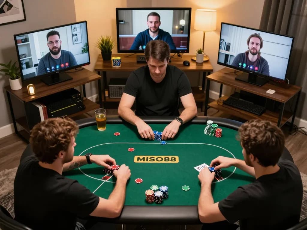 MISO88 online poker game with players interacting, showcasing strategic gameplay.