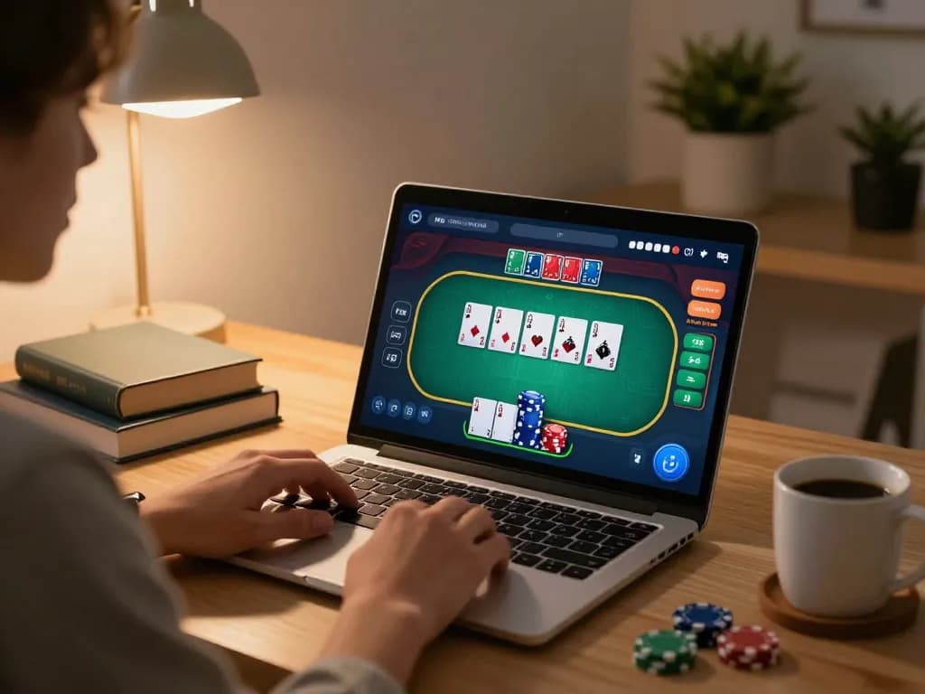 Engaged player at home using luck8 for poker game strategy on laptop screen.