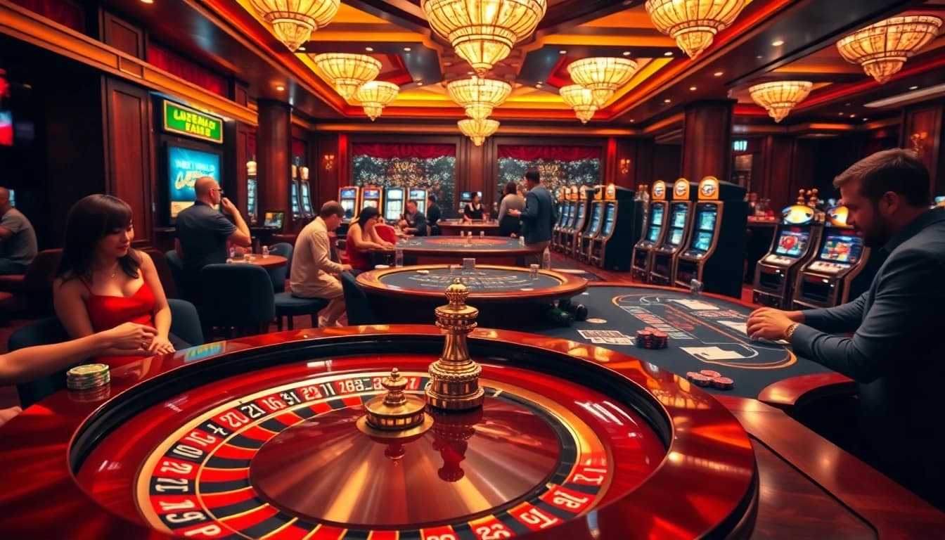 Engaging scene at KK55 casino with players enjoying blackjack and roulette.