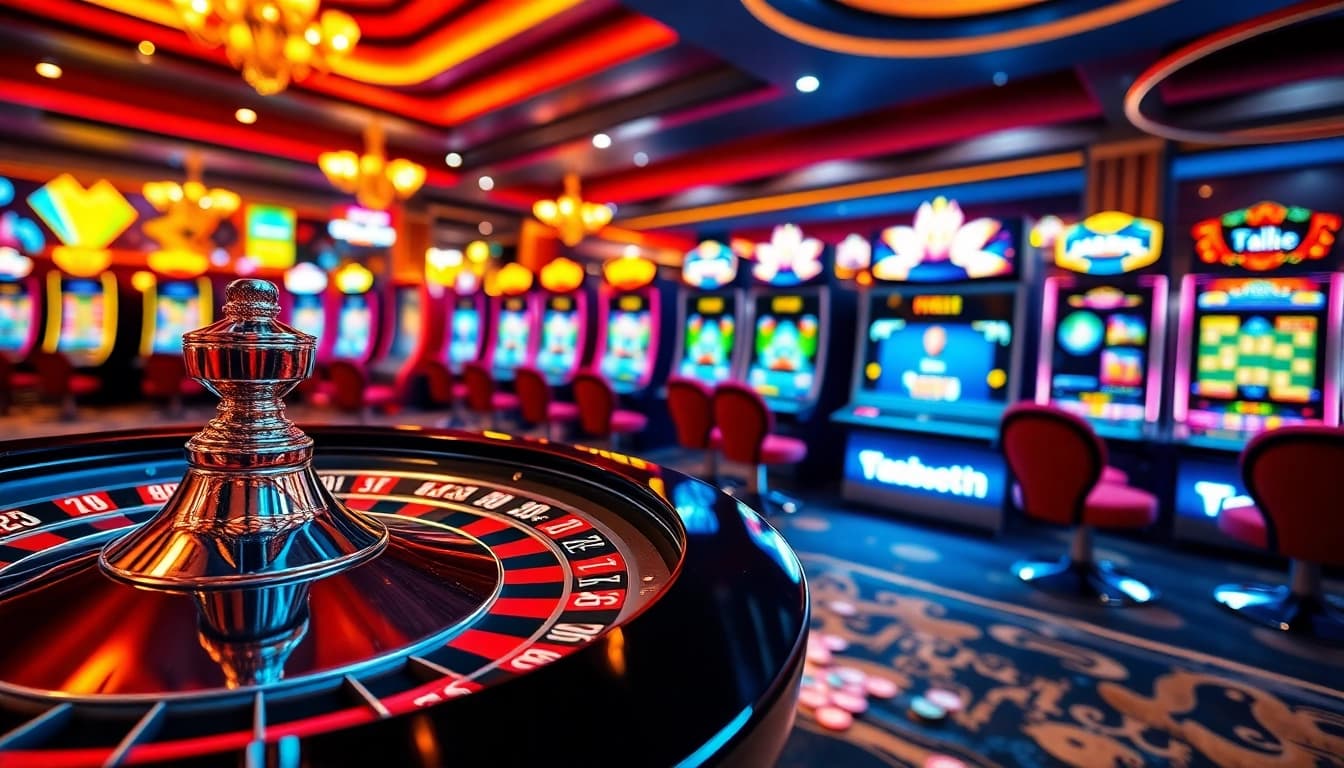 Experience the excitement of F168 with vibrant slot machines and a dazzling roulette wheel.