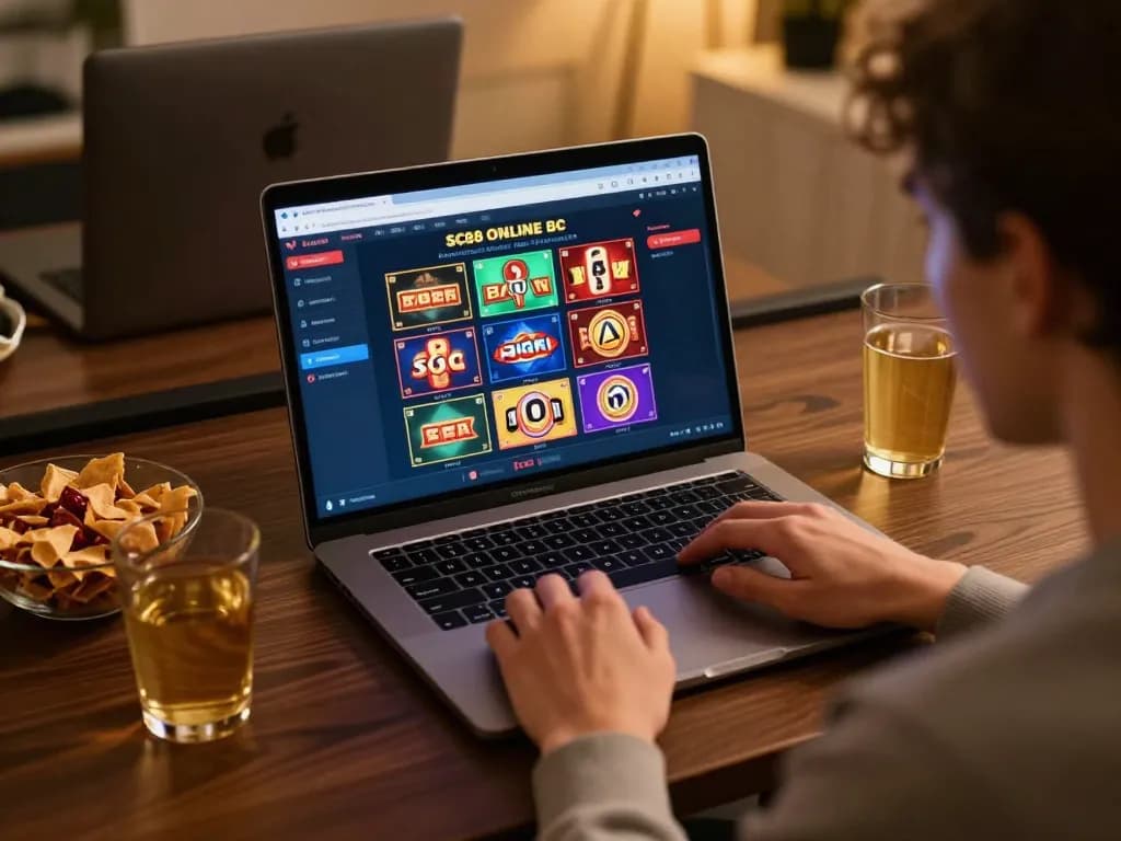 Engaging with SC88 online casino on a laptop in a cozy home setup