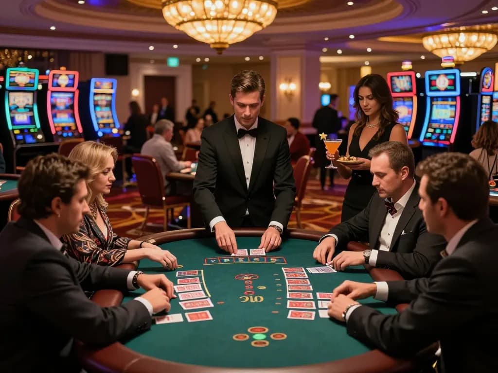 Players engaging in blackjack on tablepremierr at a luxury casino with vibrant atmosphere.