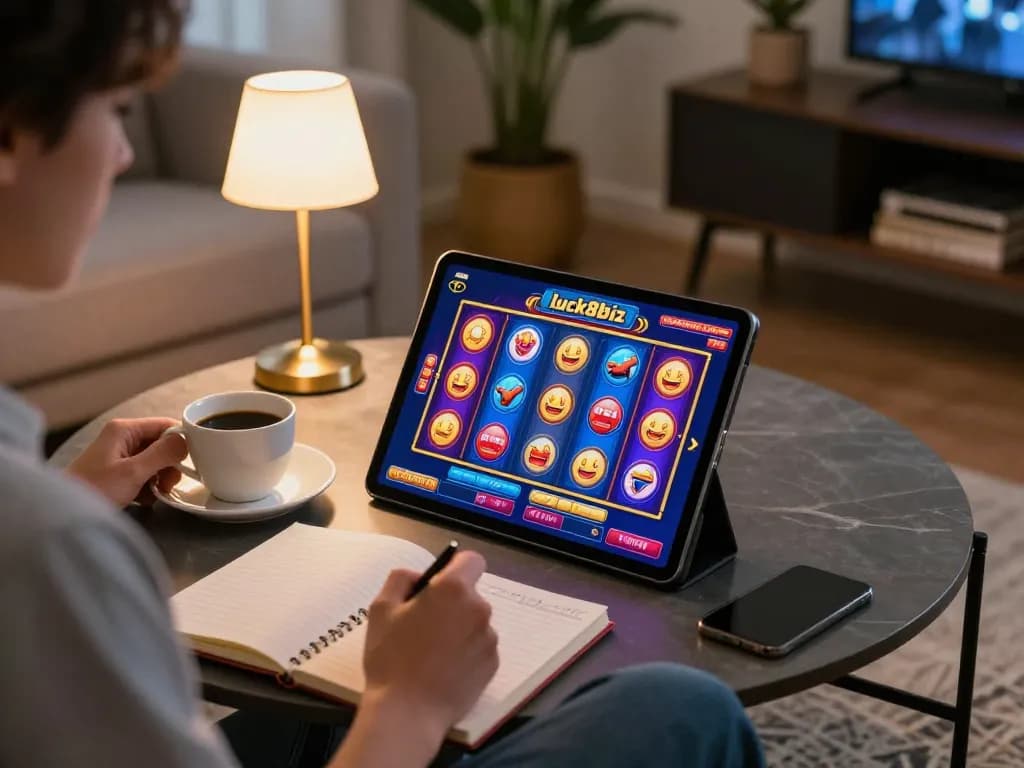 Engaged player enjoying a colorful slot game at luck8biz while reviewing betting strategies.