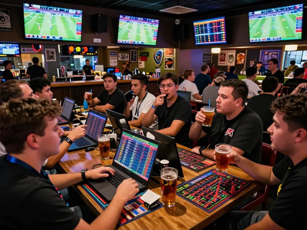 Engaged crowd cheering at a sports betting event showing tỷ lệ kèo nhà cái hôm nay on screens