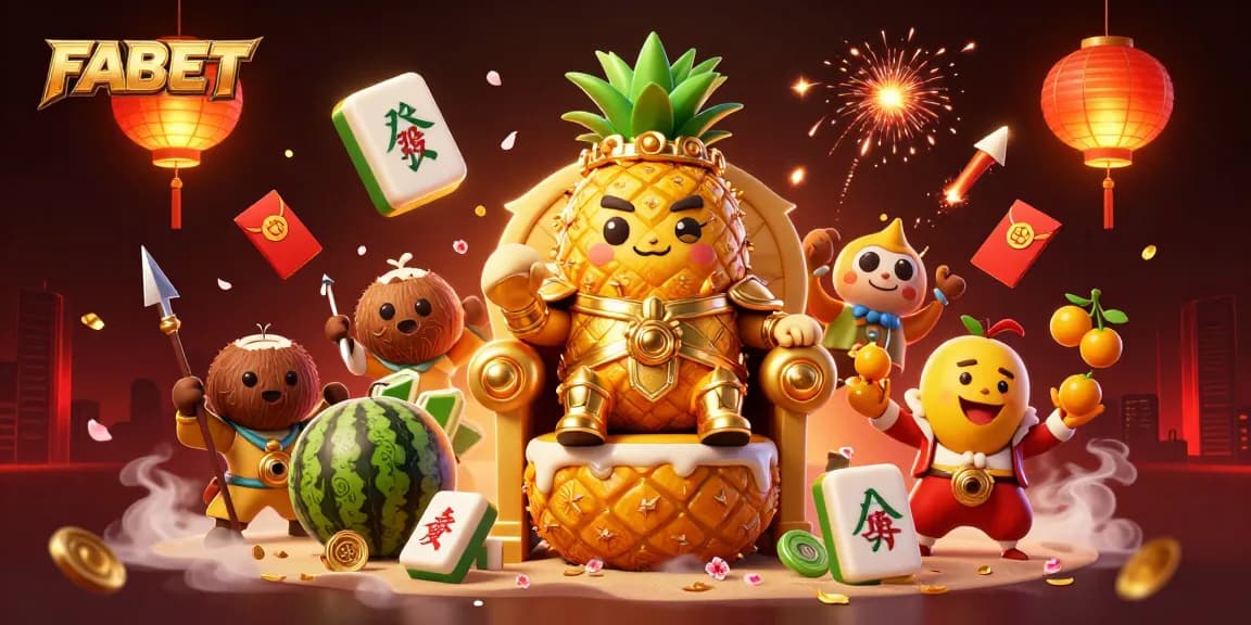 Engage with FABET's vibrant casino scene featuring a golden pineapple king and tropical elements.