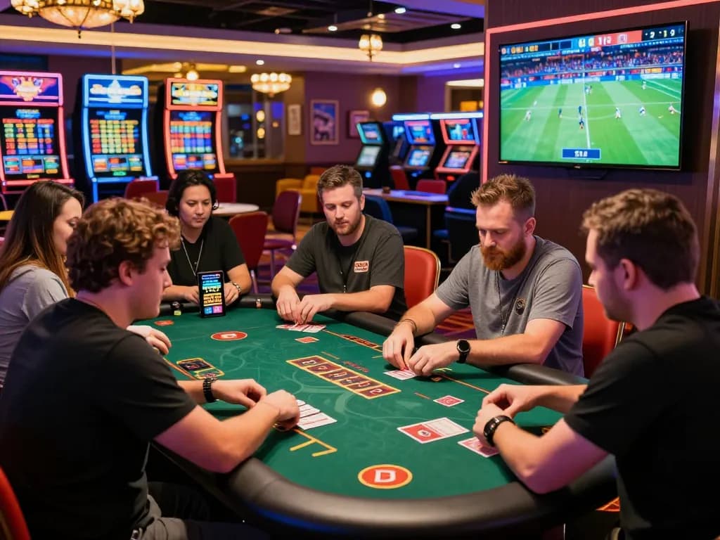 Exciting Vsbet online gambling scene with players at a stylish gaming table, vibrant casino decor.