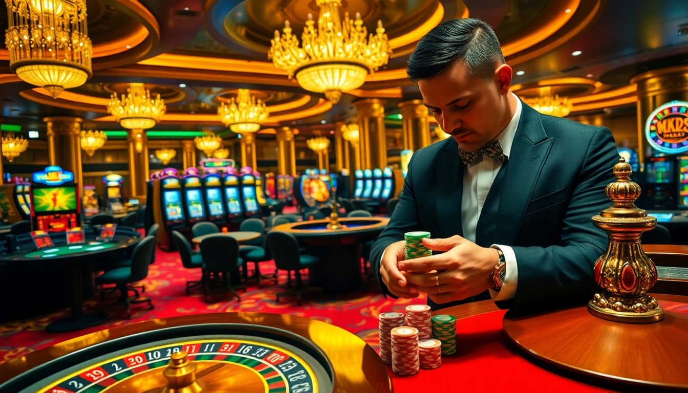 Player placing bets at a luxurious casino featuring MK8-themed poker tables and roulette wheels.