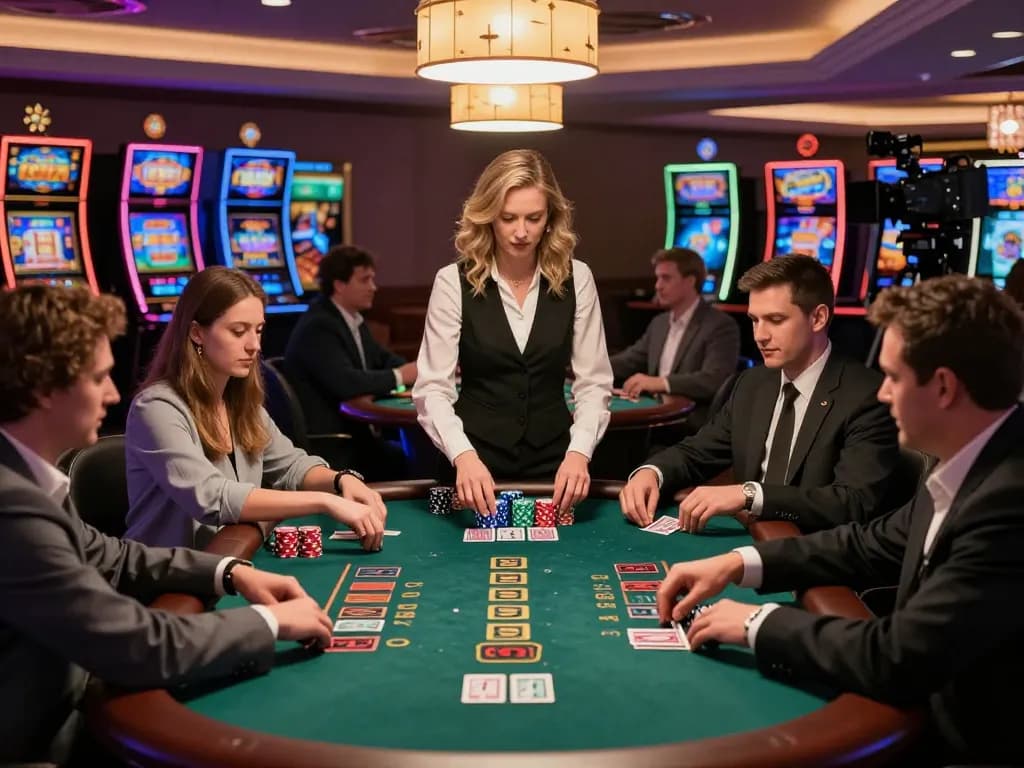 Players strategizing at a gi8 blackjack table in a luxurious casino atmosphere.