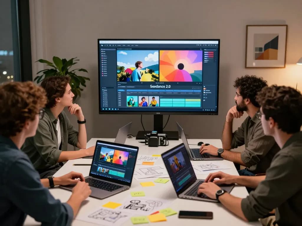 Seedance 2.0 enhances video production in creative workspace, showcasing team collaboration.