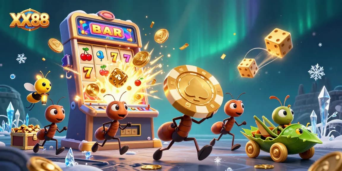Experience the thrill of XX88 with ants in a casino heist illustration bursting with excitement.