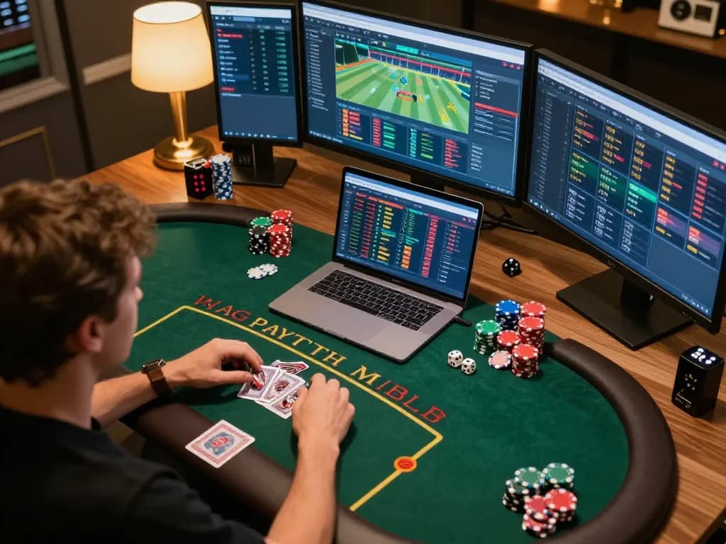 Strategize betting with Fun79 in a dynamic home gaming setup showcasing vibrant poker chips and detailed online interfaces