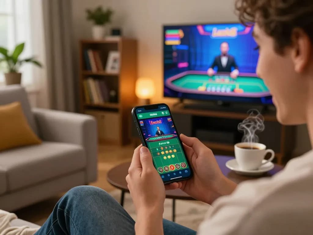 Engaging with the Luck8 app for online gambling, showcasing a user placing bets in a cozy home setting.