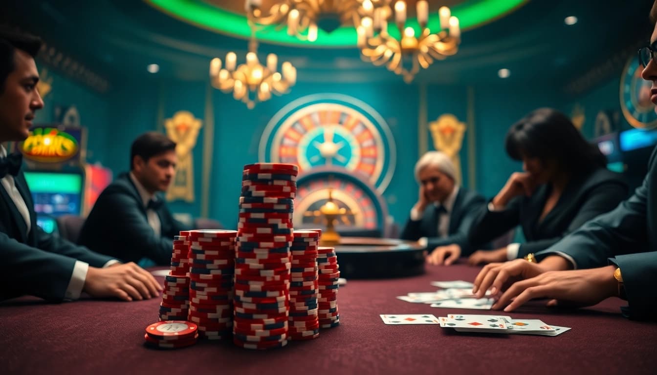 High-stakes poker game at F168.Vision featuring chips and cards in an elegant casino setting.