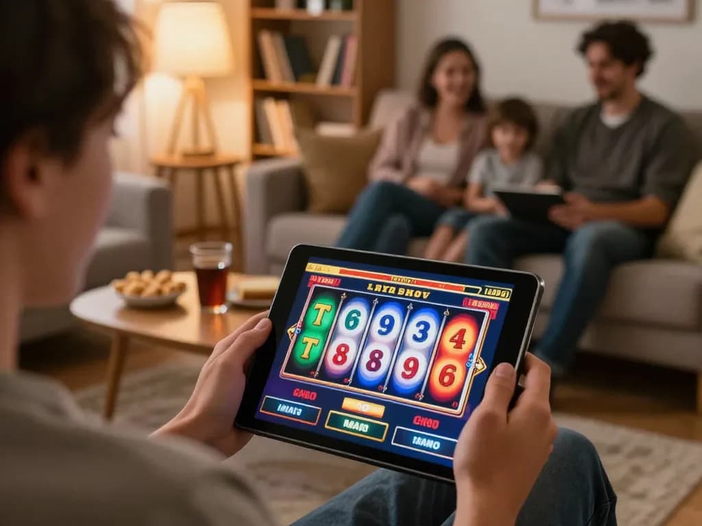 Engaging with Slot Malaysia on tablet during fun home gaming session, colorful reels visible.