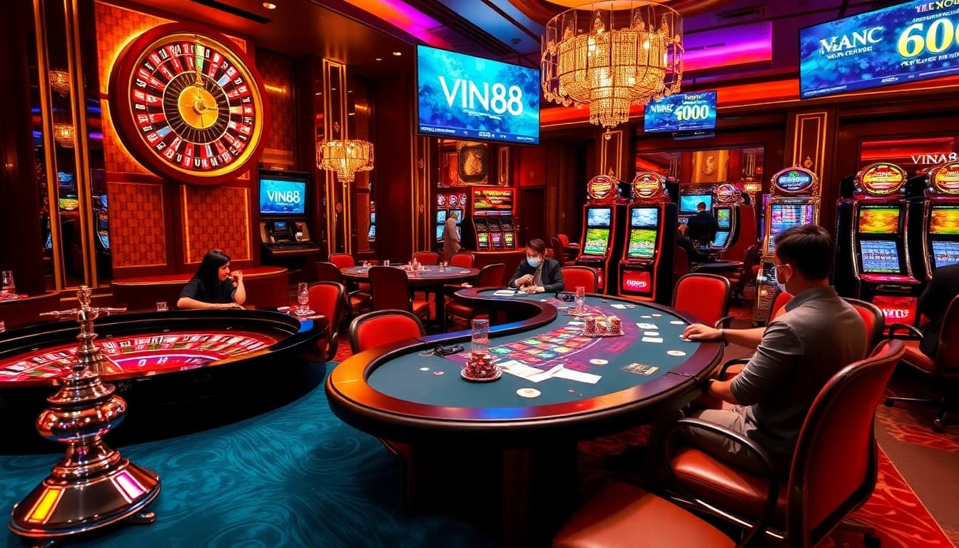 Exciting casino scene featuring Vin88 games with poker tables, roulette wheel, and vibrant slot machines.