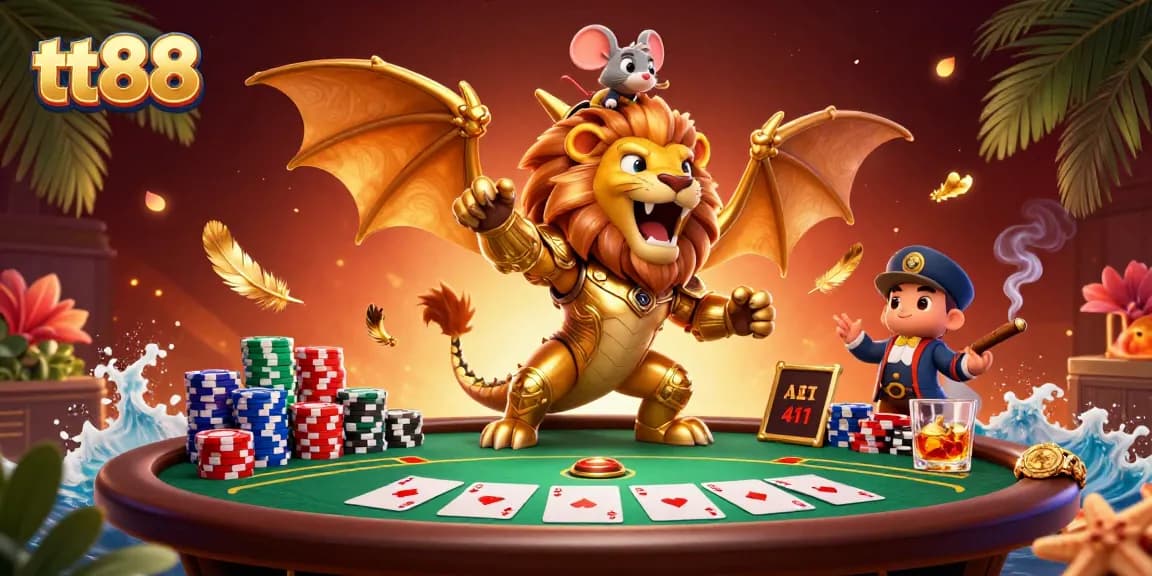 Engage with the thrilling action of tt88 as a chimera creature roars triumphantly amidst poker elements.